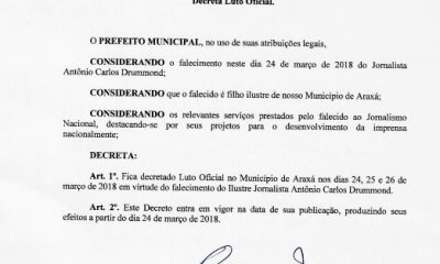 Prefeito decreta luto oficial de três dias por falecimento do jornalista araxaense Antônio Carlos Drummond