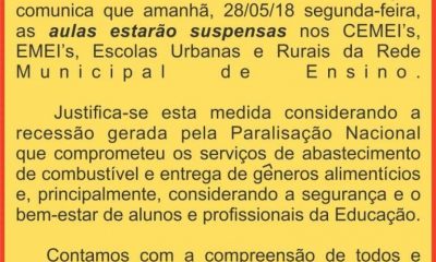 COMUNICADO: Aulas suspensas em todas as unidades municipais de ensino de Araxá nesta segunda-feira