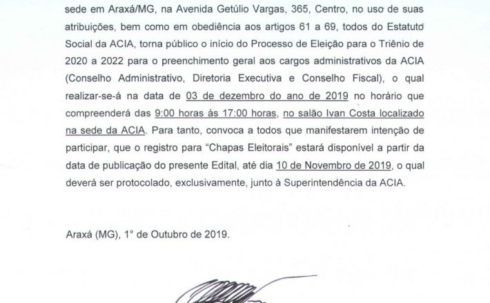 EDITAL DE CONVOCAÇÃO – Processo Eleitoral Acia 2019
