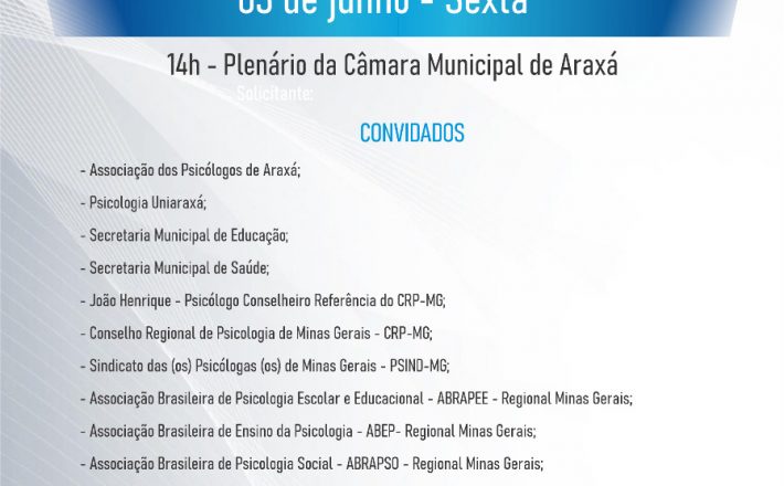Sessão na Câmara Municipal de Araxá comemora 60 anos da Psicologia